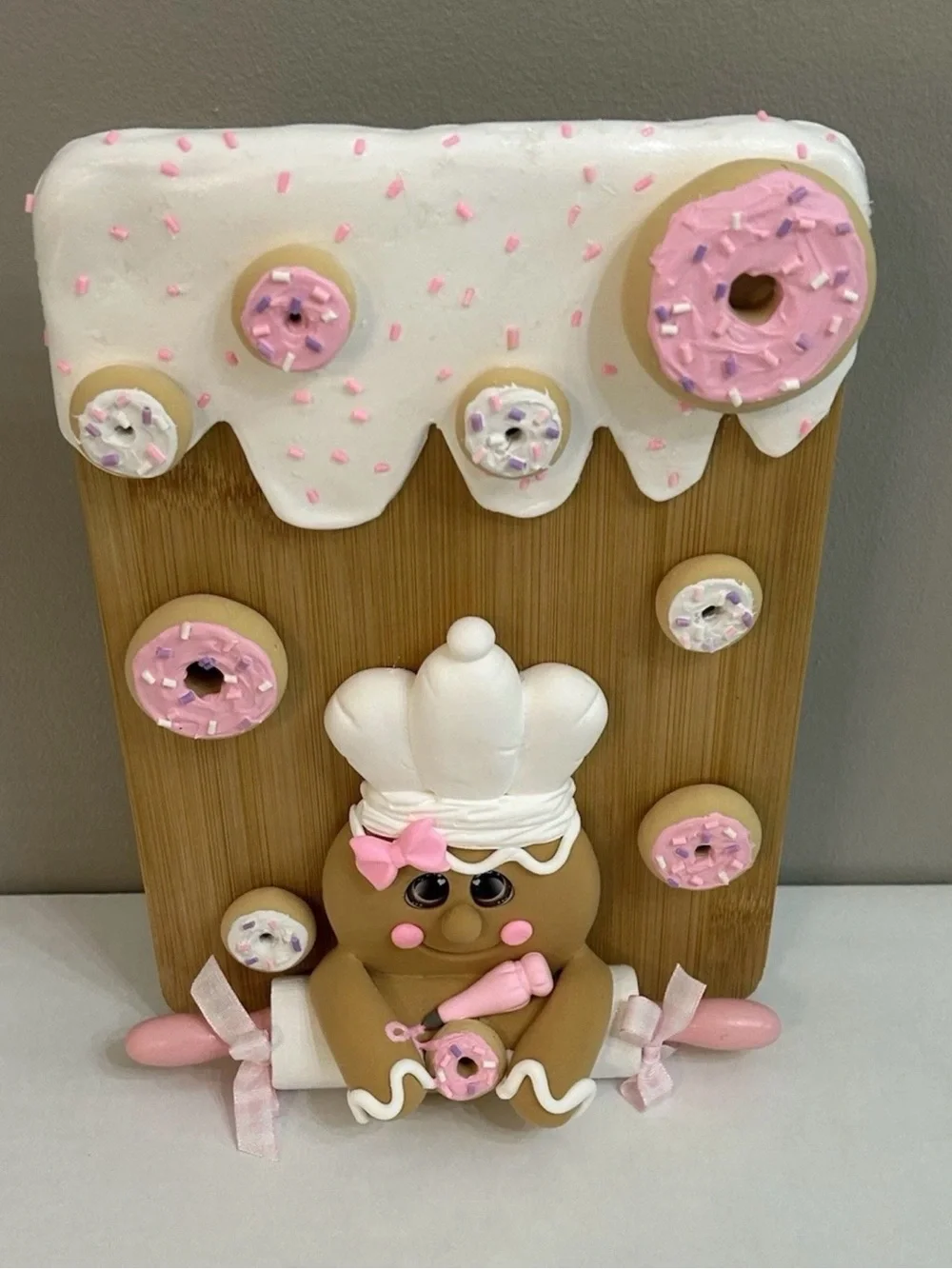 Handmade Pink Fake Gingerbread Donut Baker Cutting Board Display